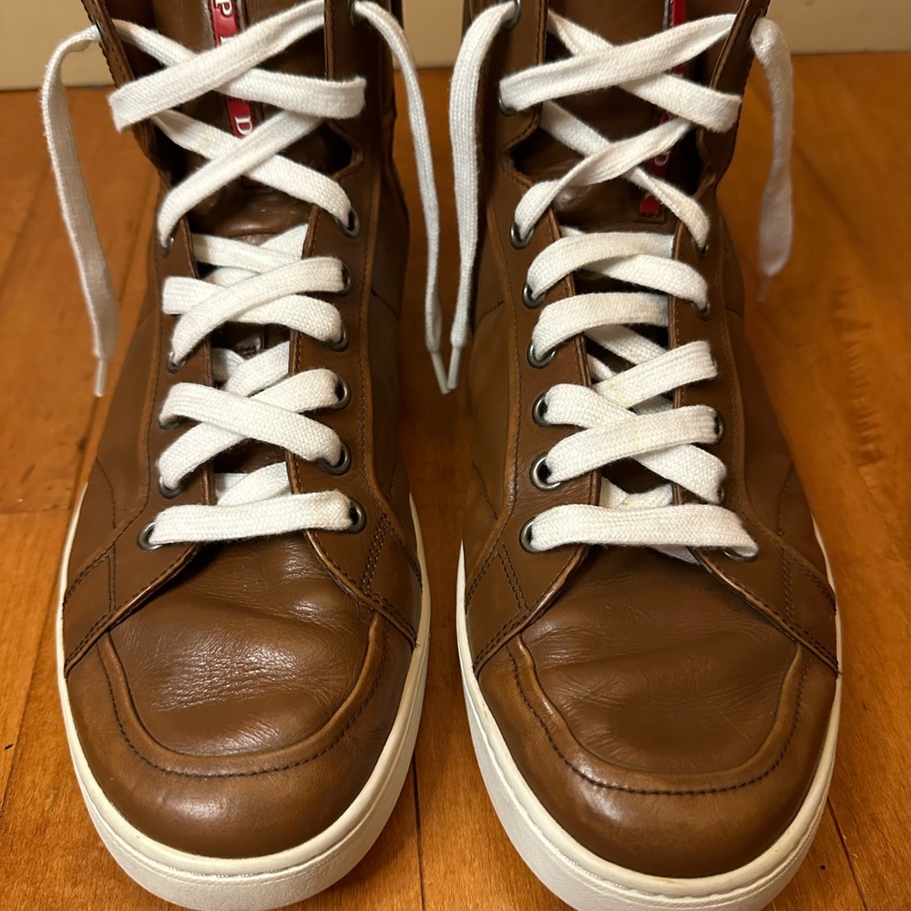 Prada High Top Men’s Brown Leather Sneakers Size US 11 - Picture 2 of 9